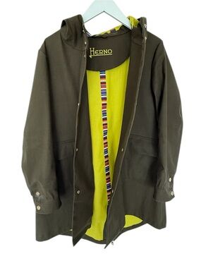 Herno Women’s Olive Hooded Coat with Lime Lining